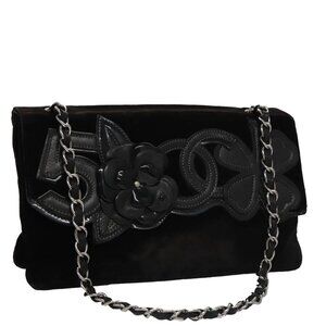 CHANEL Chain Camelia Shoulder Bag Velor Leather Black Silver CC Auth yk16500